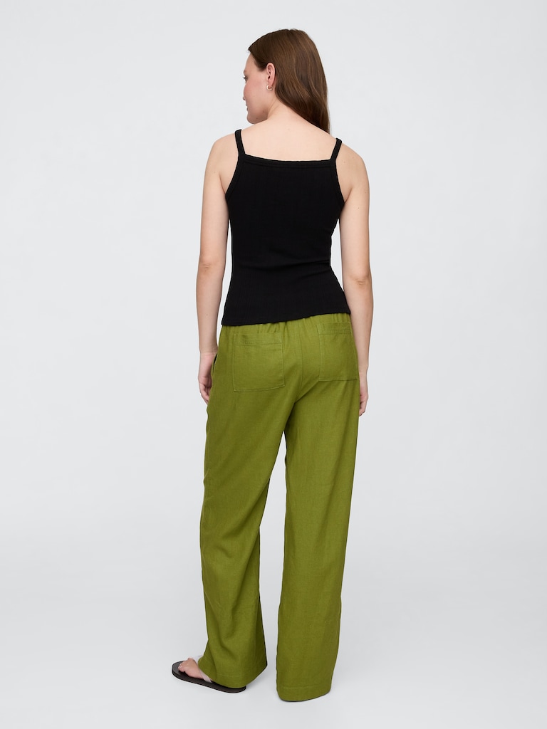 Mid Rise Linen-Blend Pull-On Wide-Leg Pants