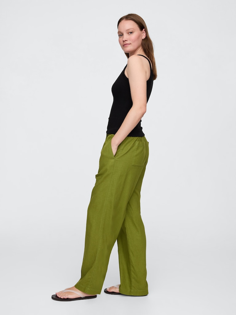 Mid Rise Linen-Blend Pull-On Wide-Leg Pants
