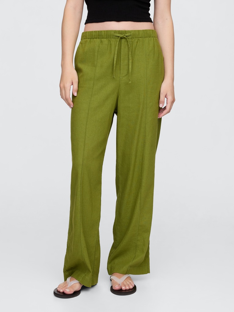 Mid Rise Linen-Blend Pull-On Wide-Leg Pants