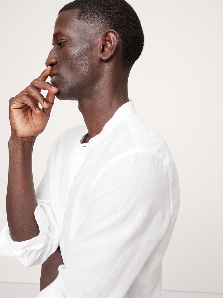 Standard-Fit Linen Banded-Collar Shirt