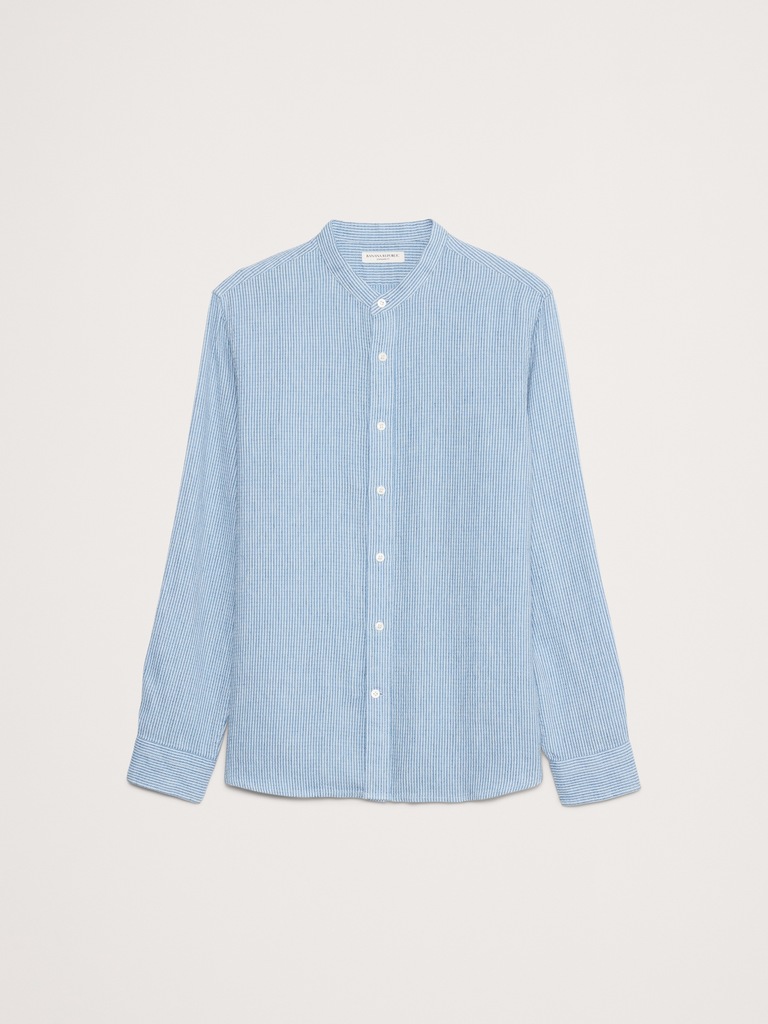 Standard-Fit Linen-Cotton Banded-Collar Shirt