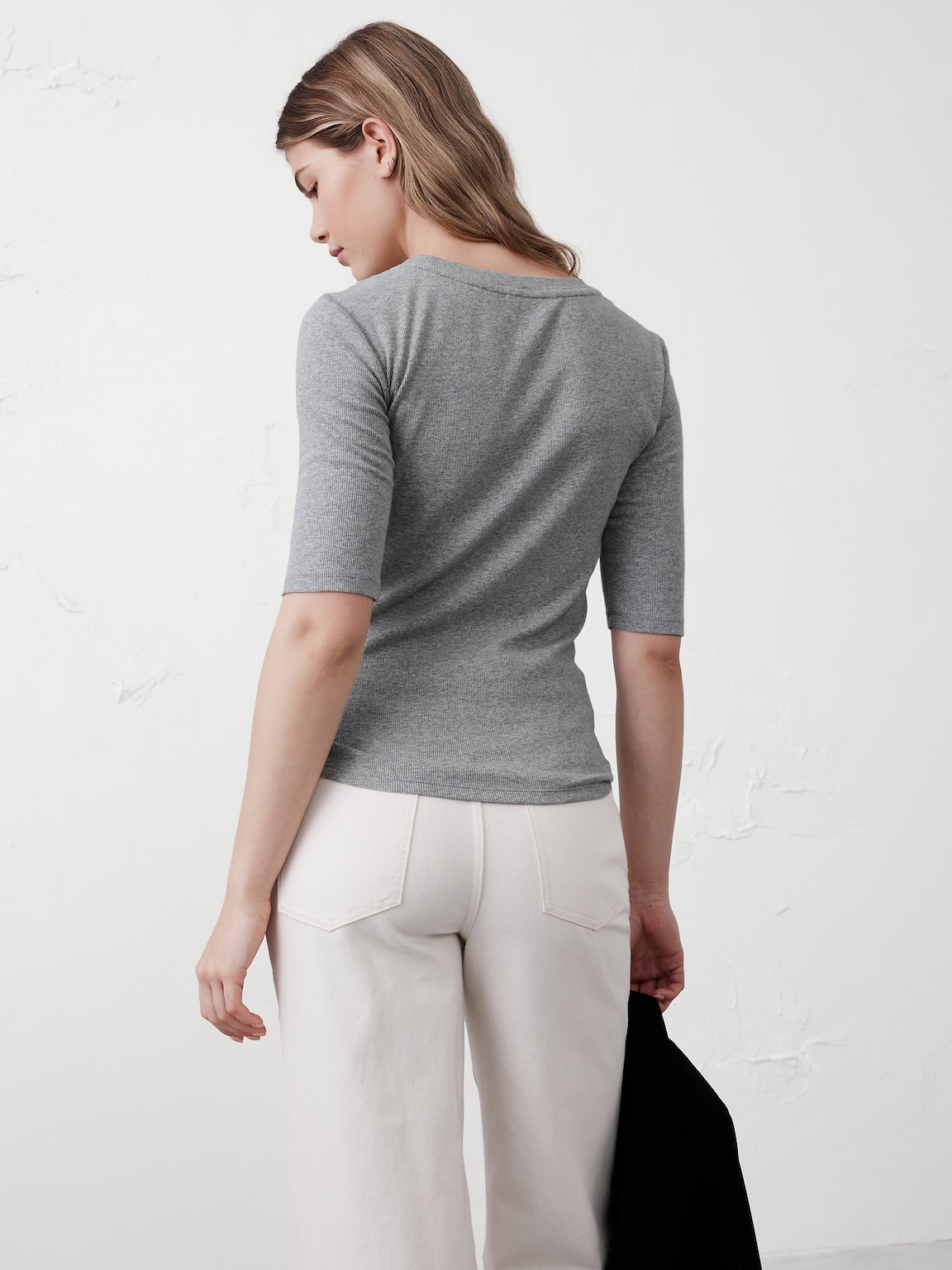 Ribbed Elbow-Sleeve T-Shirt