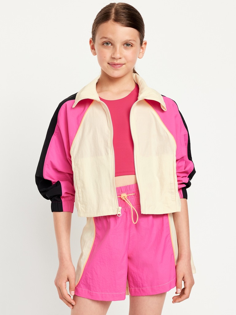 Oversized Cropped Color-Block Zip Jacket for Girls