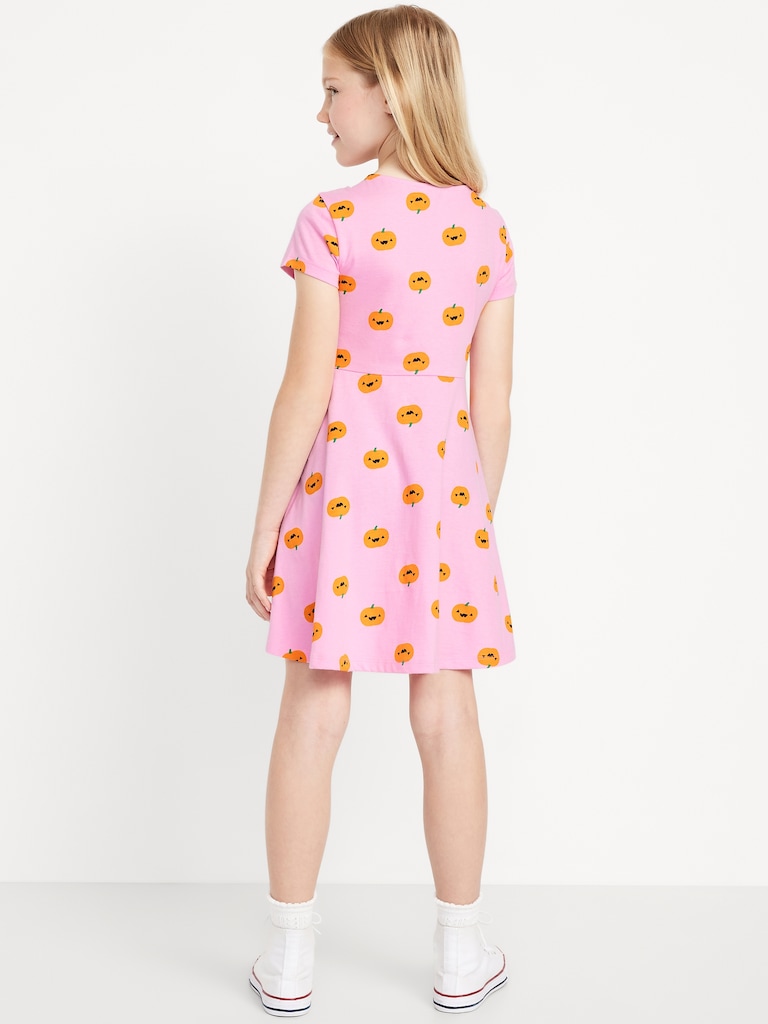Printed Short-Sleeve Fit and Flare Dress for Girls
