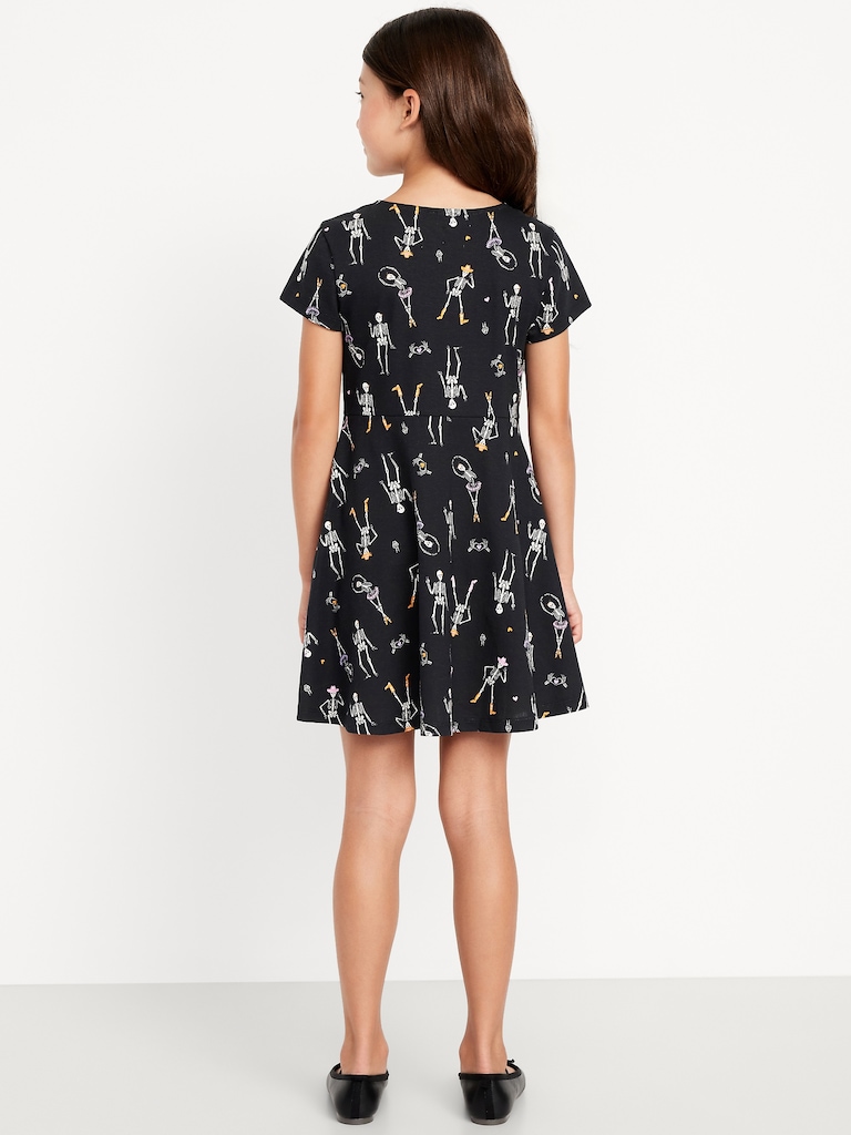 Printed Short-Sleeve Fit and Flare Dress for Girls