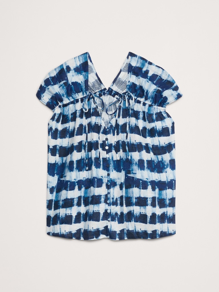 Oversized Linen Button-Front Drawstring Top