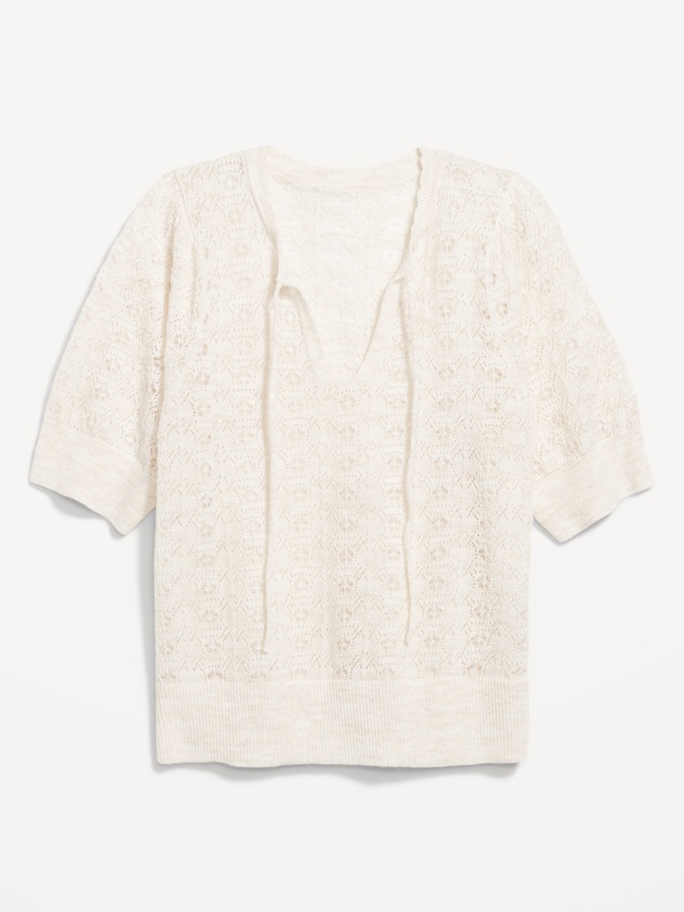 Wool-Blend Puff-Sleeve Tie-Neck Sweater