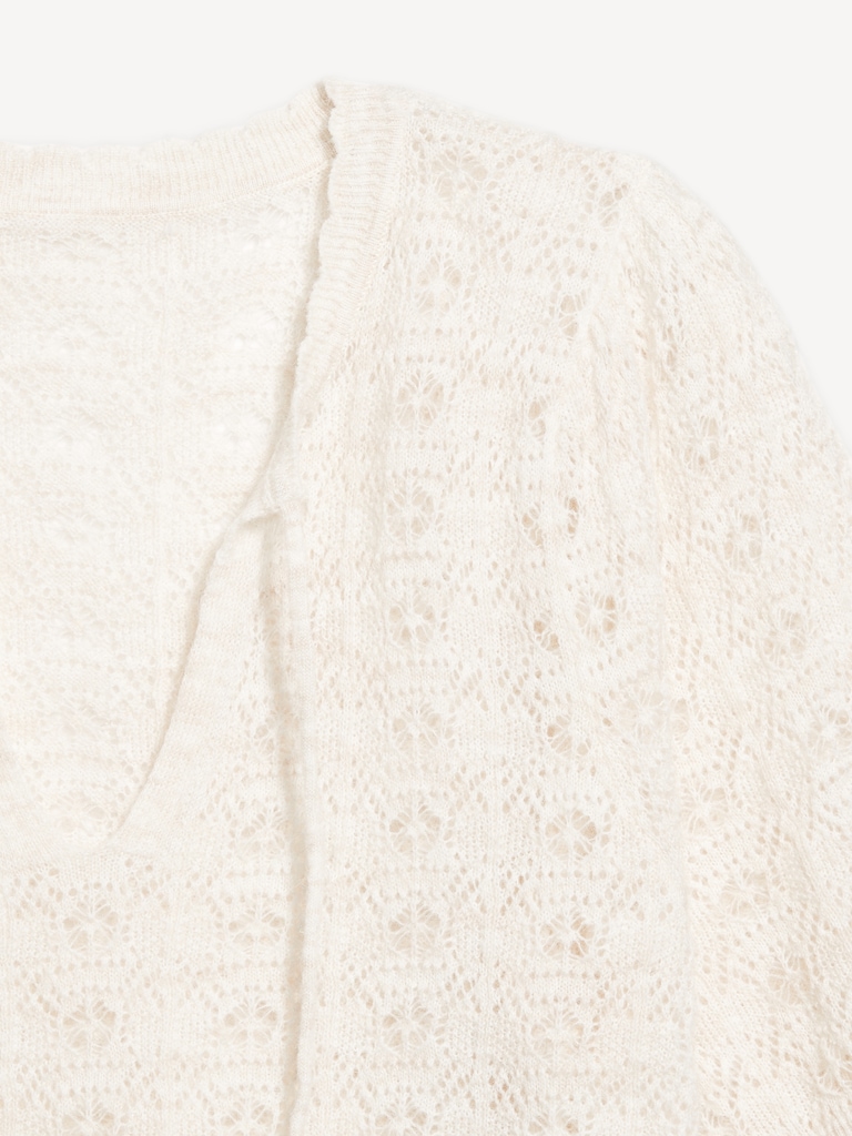 Wool-Blend Puff-Sleeve Tie-Neck Sweater