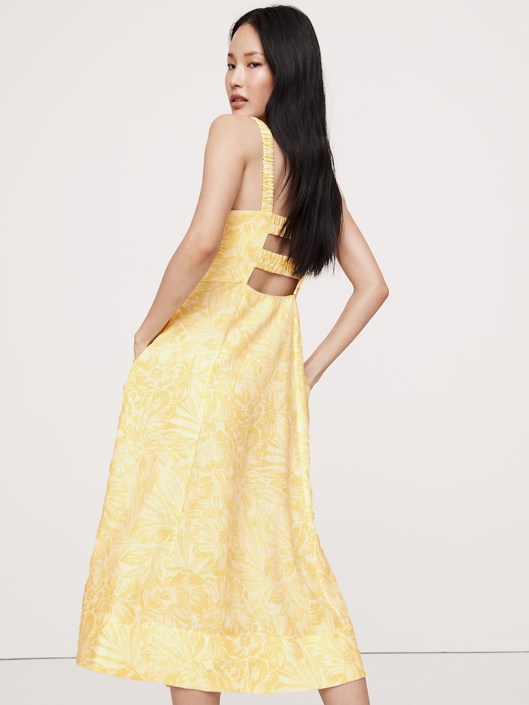 Linen Square-Neck Midi Dress