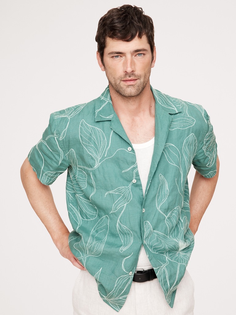 Standard-Fit Embroidered Linen Resort Shirt