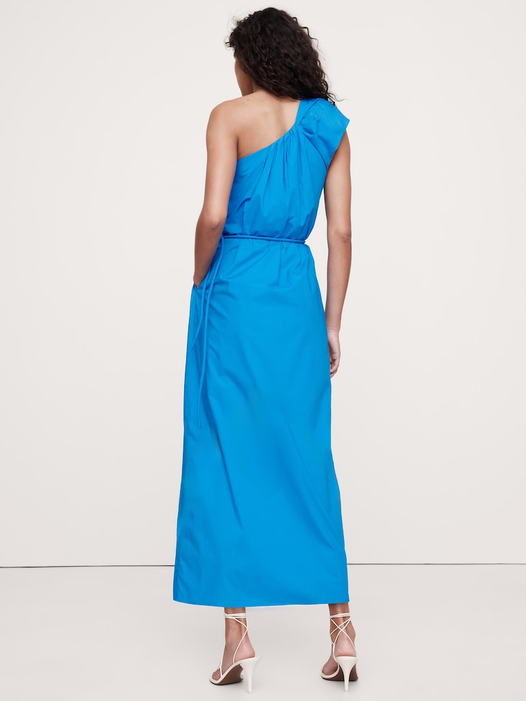 Ruched Cotton Poplin One-Shoulder Maxi Dress