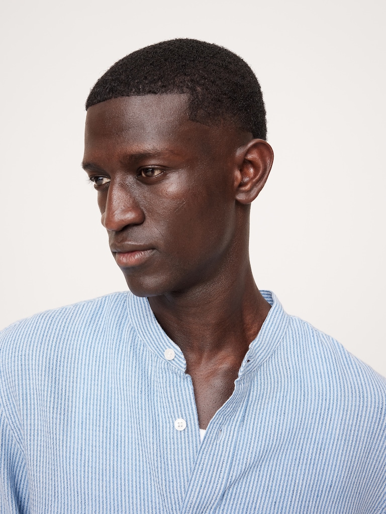 Standard-Fit Linen-Cotton Banded-Collar Shirt
