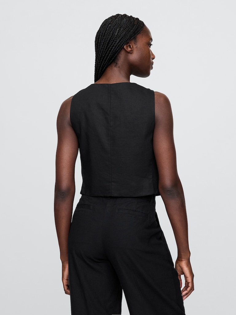 Linen-Blend Tie-Front Crop Vest