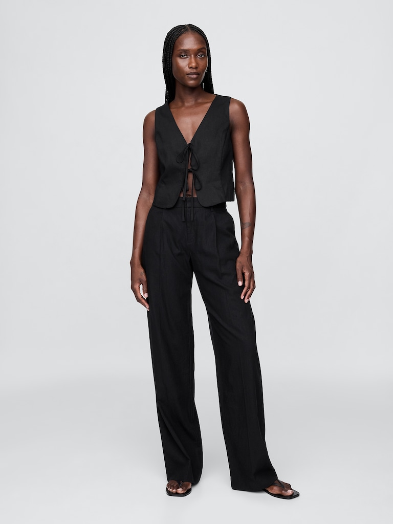 Linen-Blend Tie-Front Crop Vest