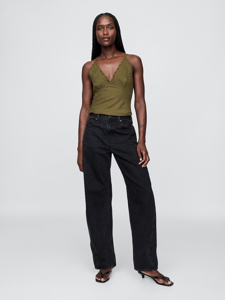 Linen-Blend Embroidered Halter Top