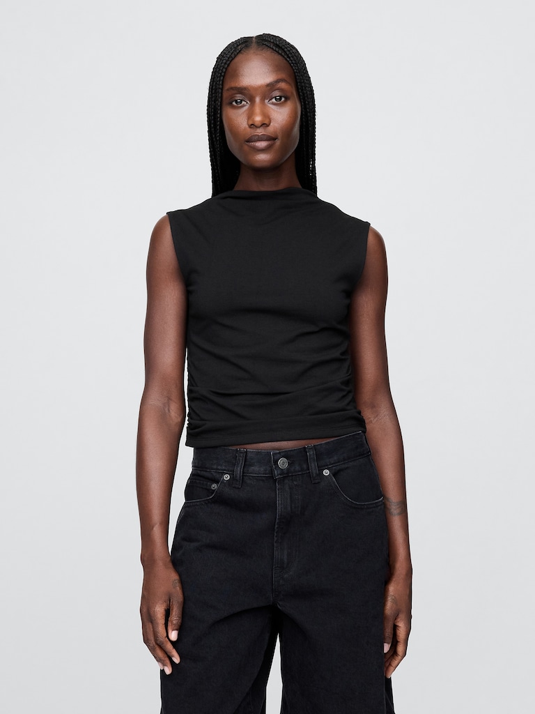 Modern Funnel-Neck Ruched Cropped Tank Top