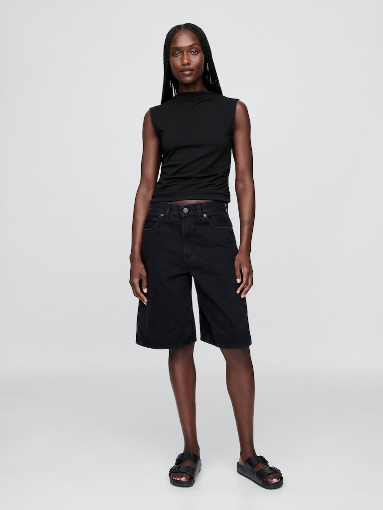 Modern Funnel-Neck Ruched Cropped Tank Top