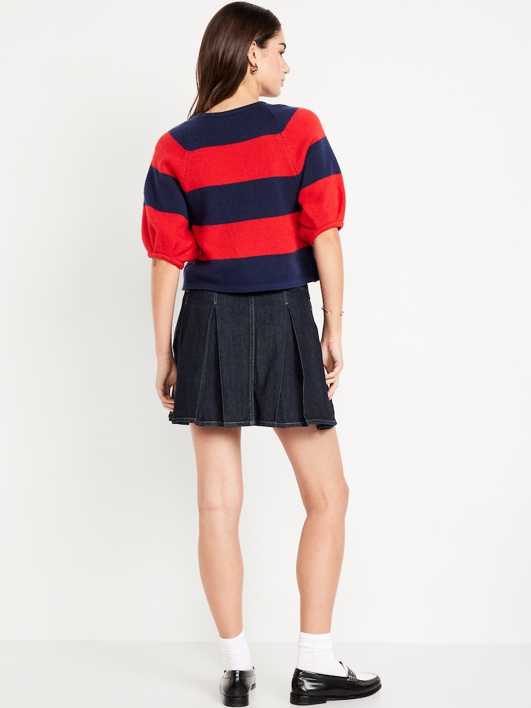 Mid-Rise Pleated Jean Mini Skirt