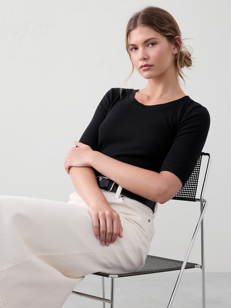 Ribbed Elbow-Sleeve T-Shirt