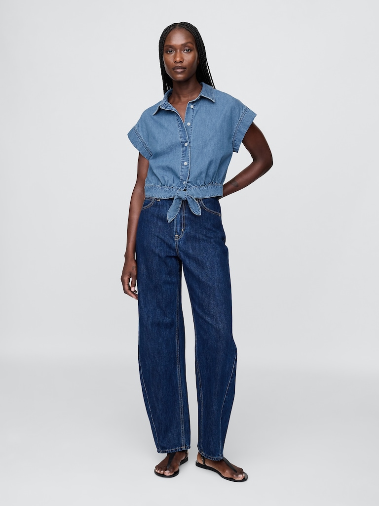 UltraSoft Denim Tie-Front Crop Shirt