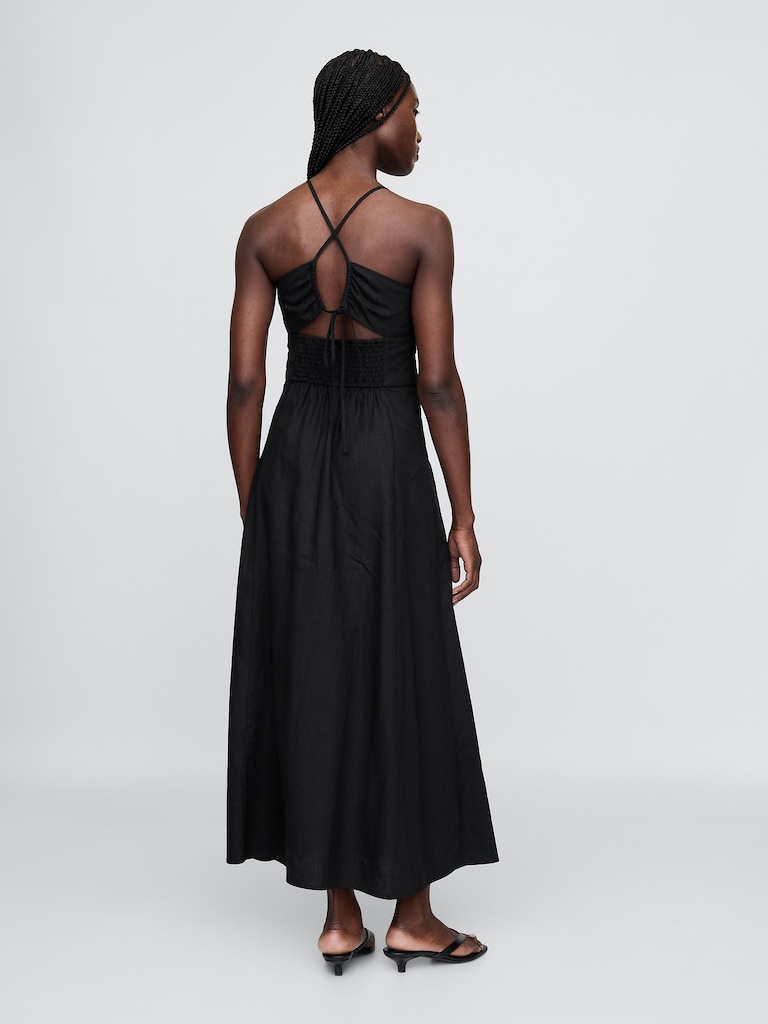Linen-Blend Shirred Bodice Maxi Dress