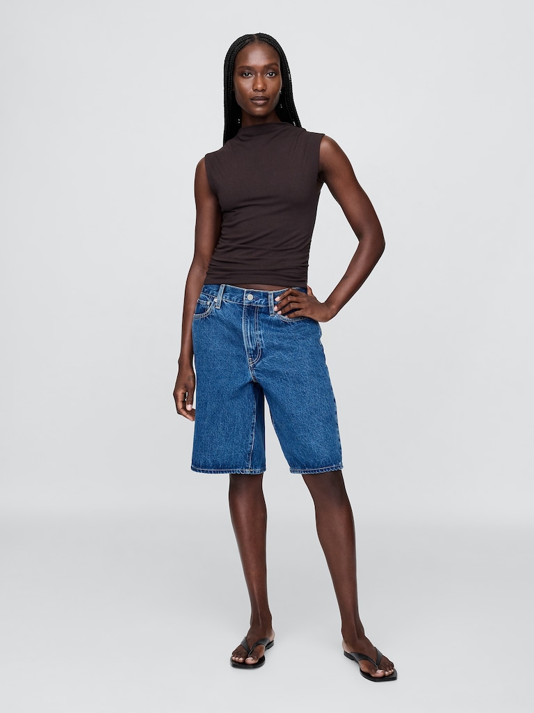 Modern Funnel-Neck Ruched Cropped Tank Top