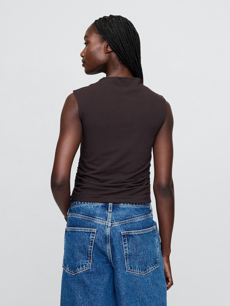 Modern Funnel-Neck Ruched Cropped Tank Top