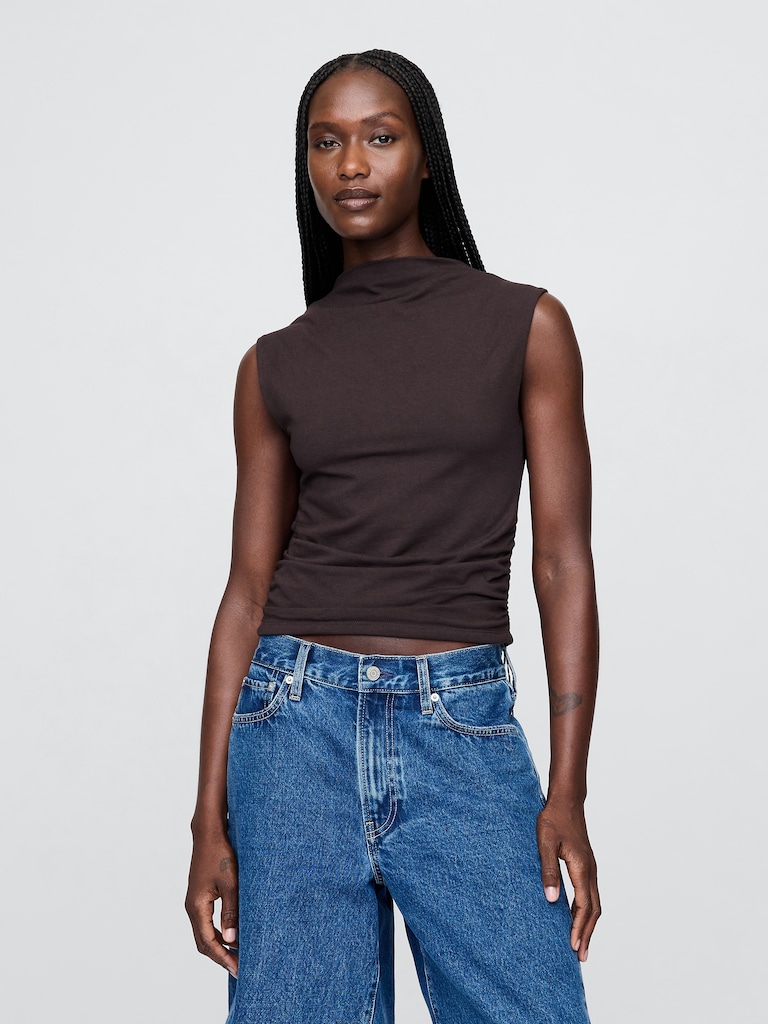 Modern Funnel-Neck Ruched Cropped Tank Top