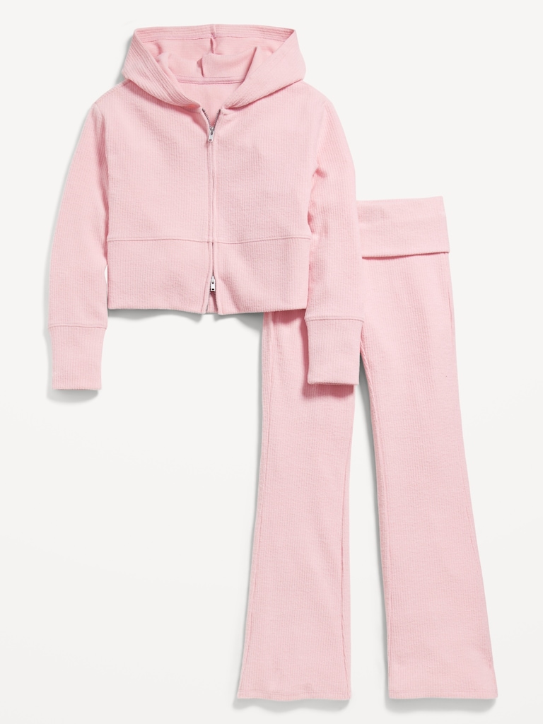 CozePlush Zip Hoodie and Flare-Leg Pants Set for Girls