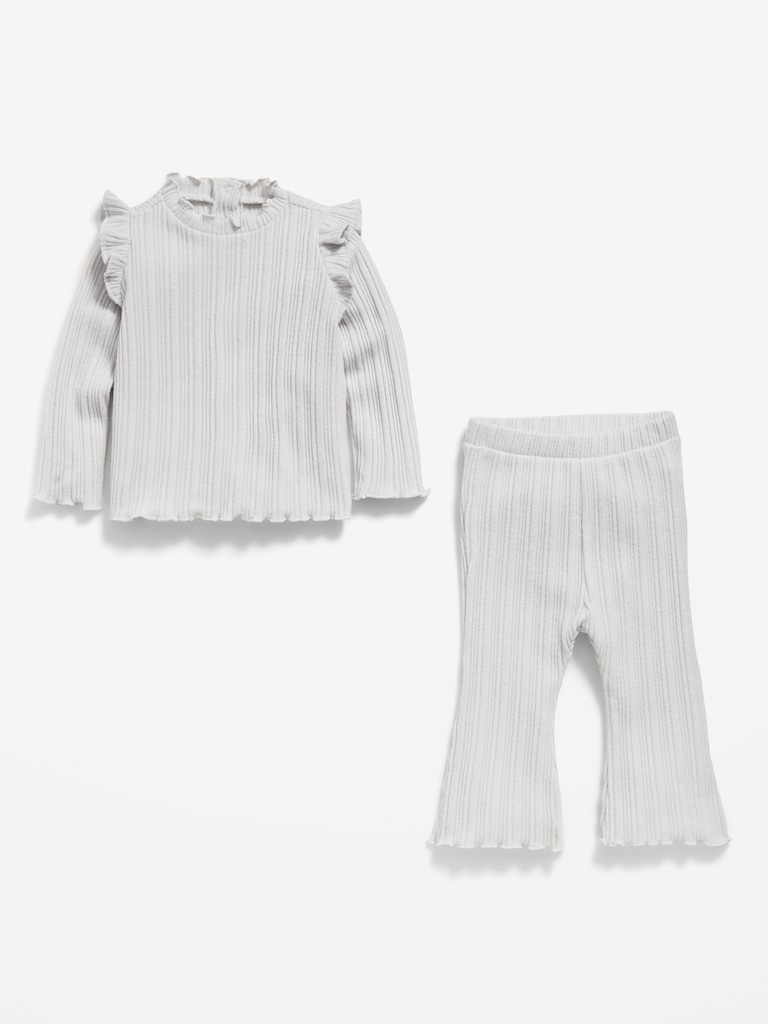 Cozy Long-Sleeve Ribbed Ruffle-Trim Top and Pants Set for Baby