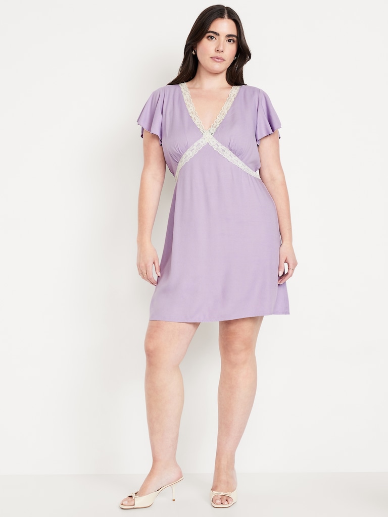 Fit & Flare Crepe Lace-Trim Mini Dress