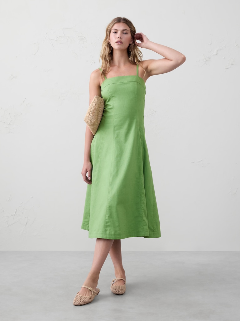 Linen-Blend Seamed Midi Dress