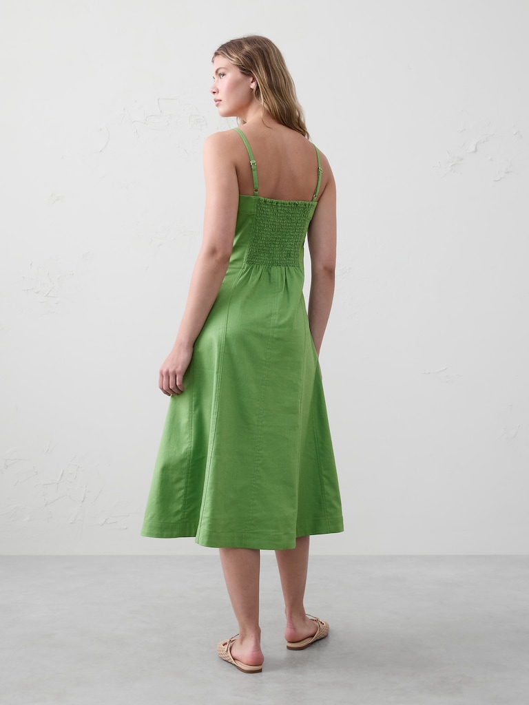 Linen-Blend Seamed Midi Dress