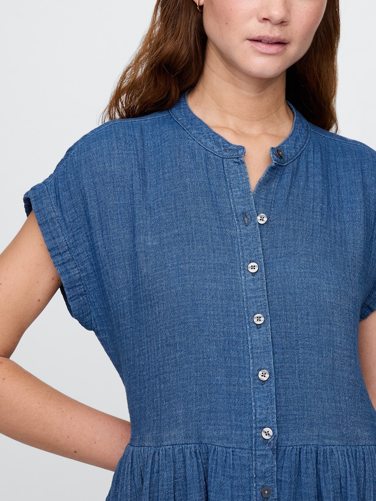 Cotton Gauze Denim Mini Shirtdress