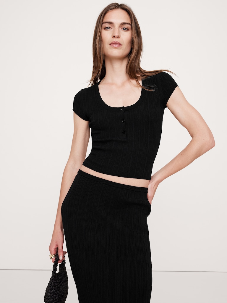 Crinkle Knit Cap-Sleeve Henley