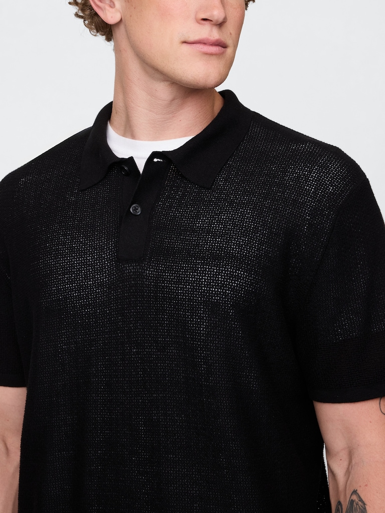 Textured Crochet Polo Sweater