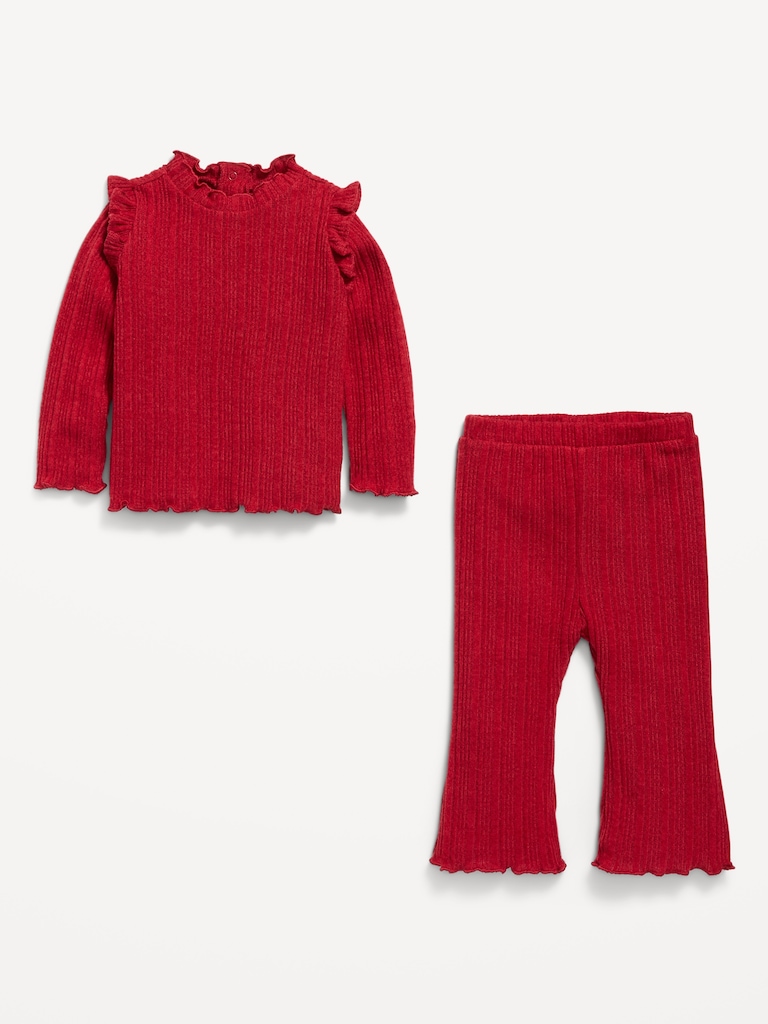 Cozy Long-Sleeve Ribbed Ruffle-Trim Top and Pants Set for Baby