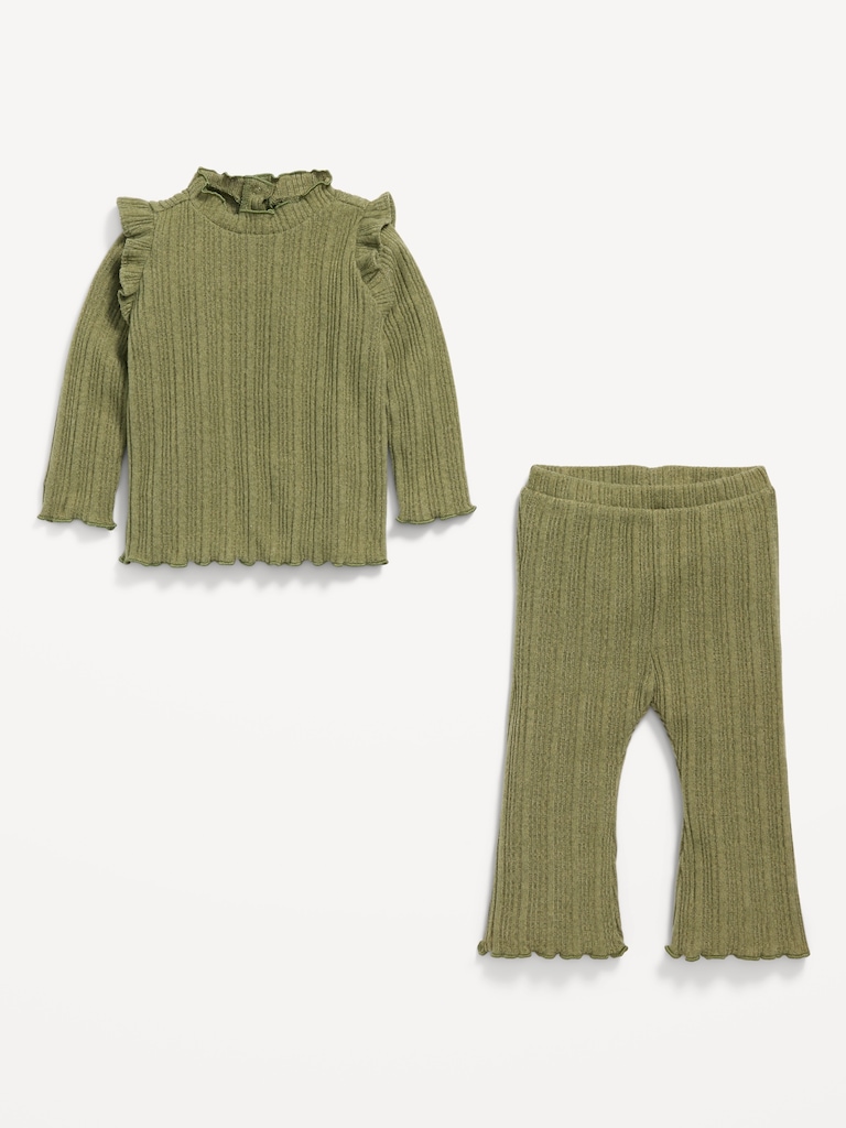 Cozy Long-Sleeve Ribbed Ruffle-Trim Top and Pants Set for Baby