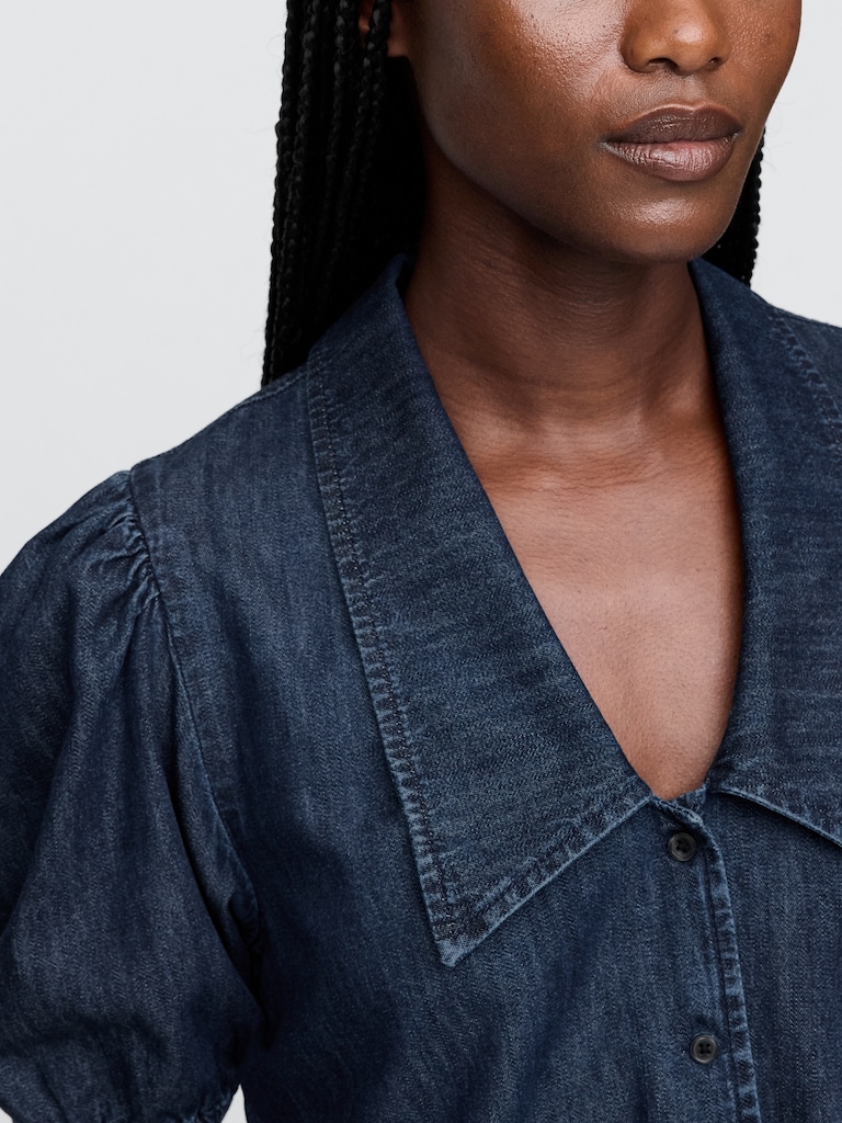 Denim Puff-Sleeve Collared Shirt