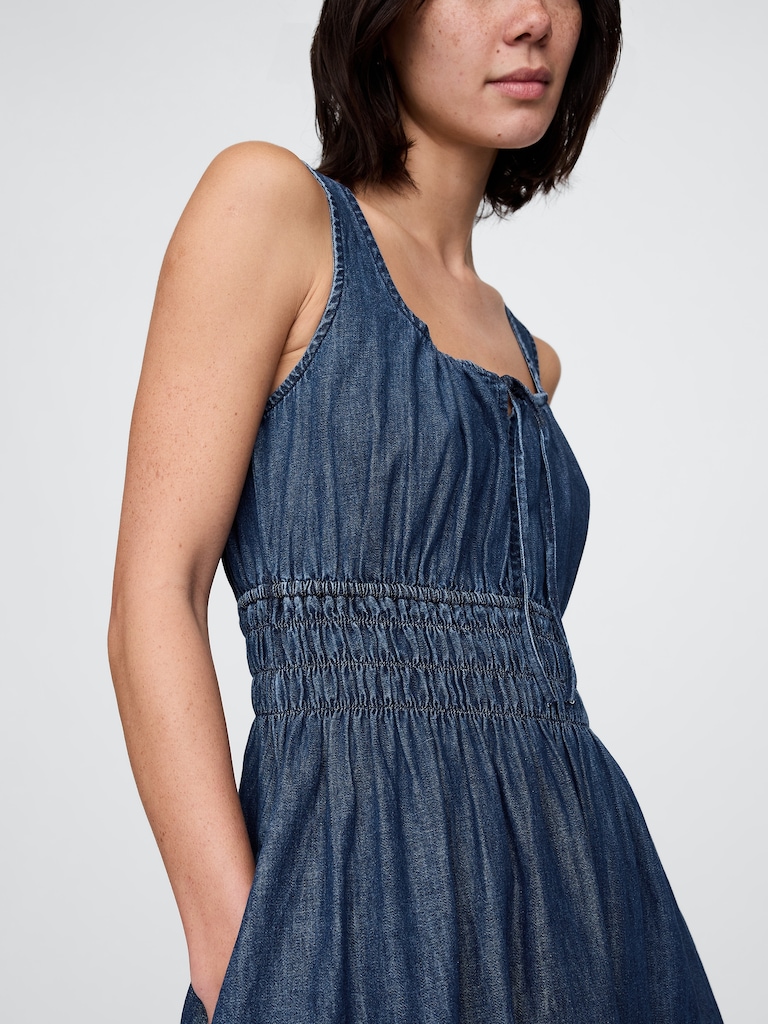 Denim Tie-Front Smocked Waist Mini Dress