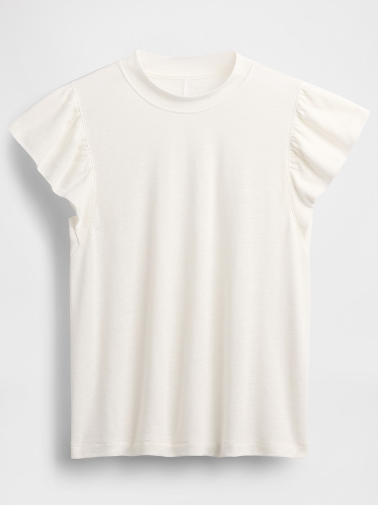 Linen-Blend Flutter-Sleeve T-Shirt