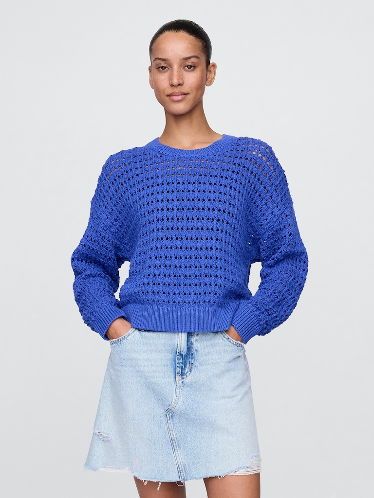 100% Cotton Crochet Crewneck Sweater