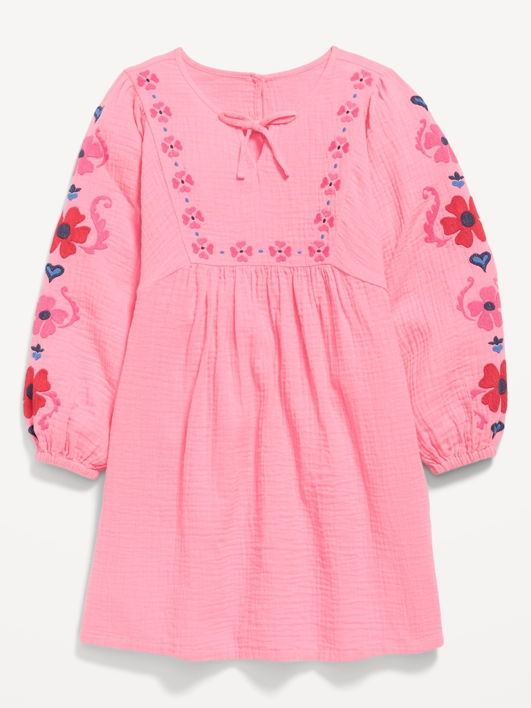 Long-Sleeve Double-Weave Embroidered Swing Dress for Girls