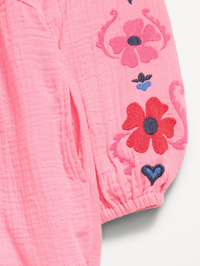 Long-Sleeve Double-Weave Embroidered Swing Dress for Girls