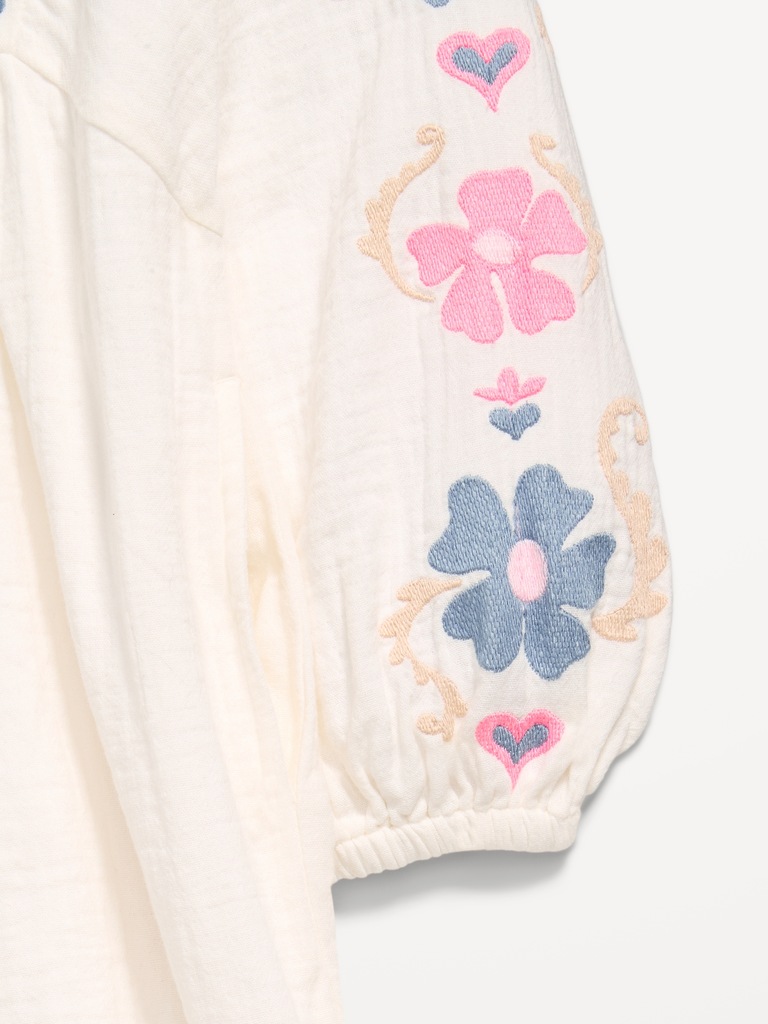 Long-Sleeve Double-Weave Embroidered Swing Dress for Girls