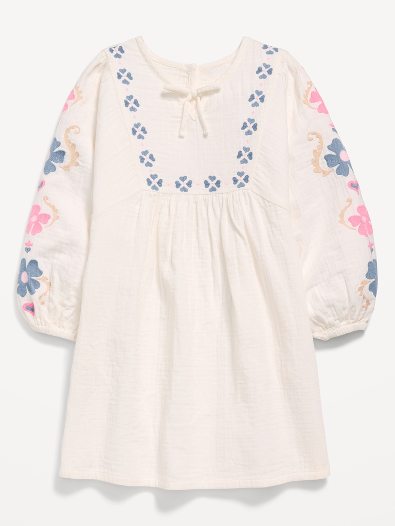 Long-Sleeve Double-Weave Embroidered Swing Dress for Girls