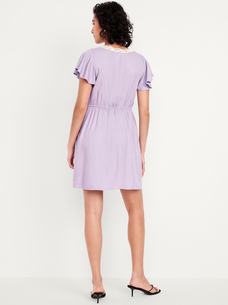 Fit & Flare Crepe Lace-Trim Mini Dress