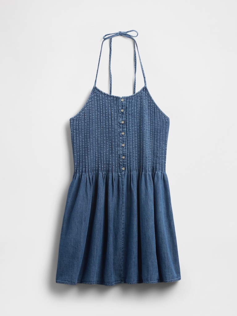 Denim Pintuck Halter Mini Dress