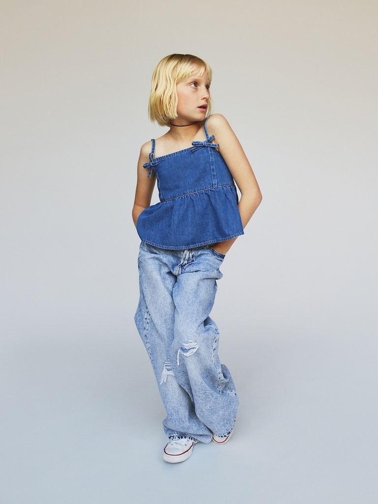 Kids Denim Bow-Strap Peplum Top