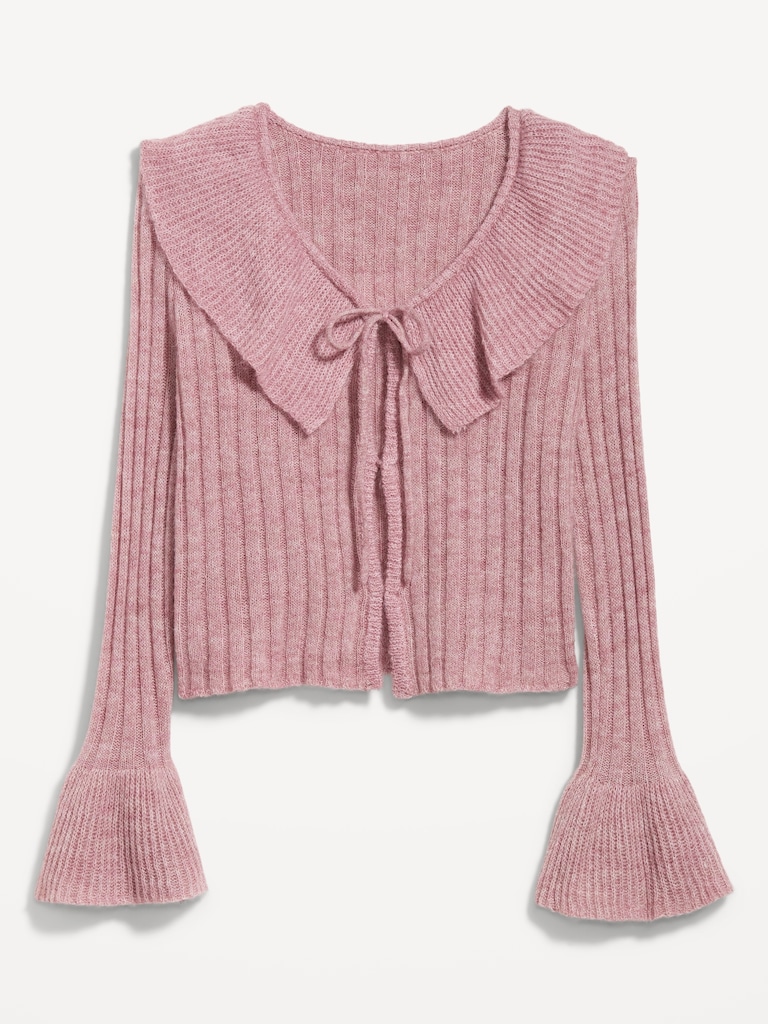 Wool-Blend Ruffle Tie-Front Cropped Cardigan